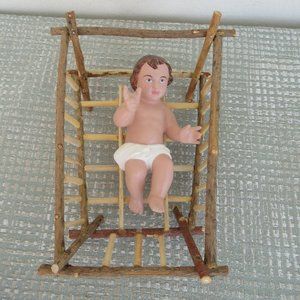 CERAMIC INFANT NATIVITY BABY JESUS BLUE EYES DARK HAIR CHRISTMAS 4.5" w/ Crib